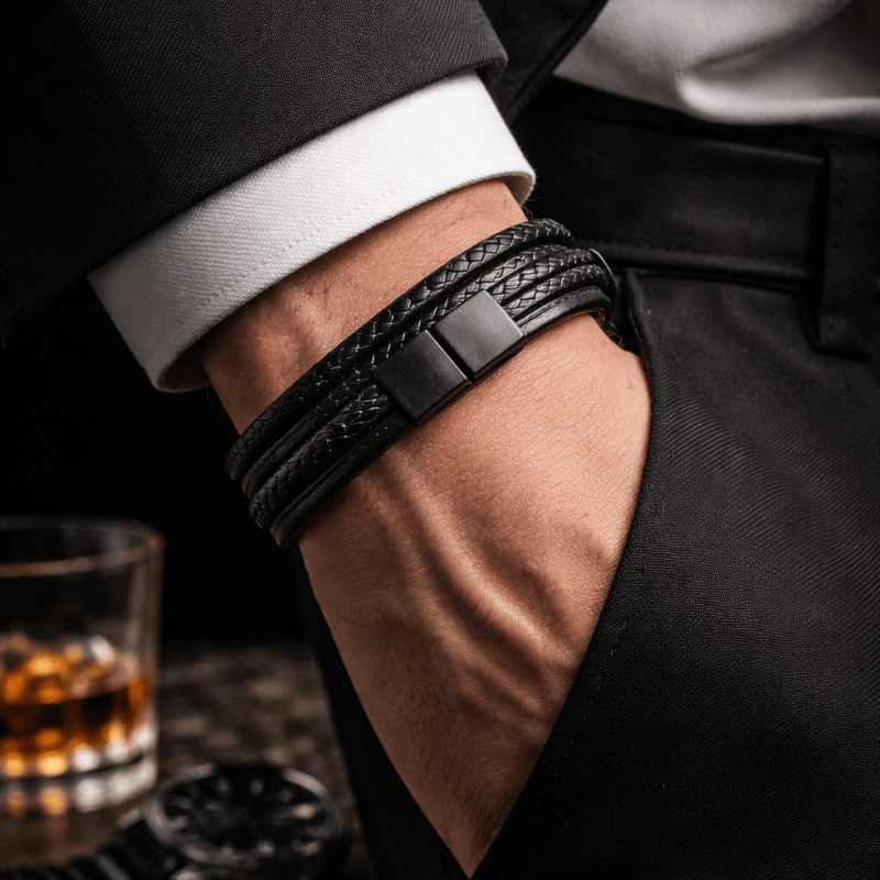 Men’s Braided Leather Bracelet with Magnetic Stainless Steel Clasp