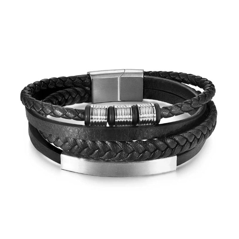 Multilayer Leather Bracelets for Men: Rugged and Refined Leather Unique Leather Bracelets Silver/Black 18.5cm 