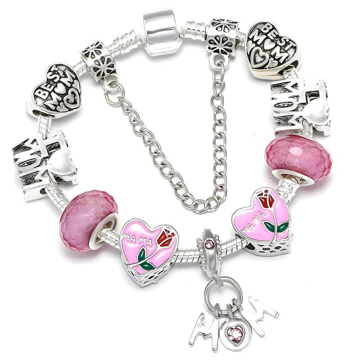 Best Mom Pink Beads Charm Bracelet Charm Unique Leather Bracelets 16cm Silver/Pink 