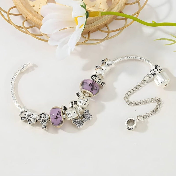 Bowknot Rabbit Purple Beads Charm Bracelet Charm Unique Leather Bracelets   