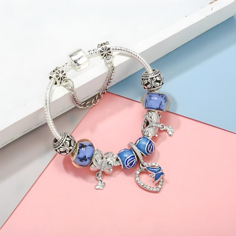 Charm Butterfly On Heart Blue Beads Charm Bracelet