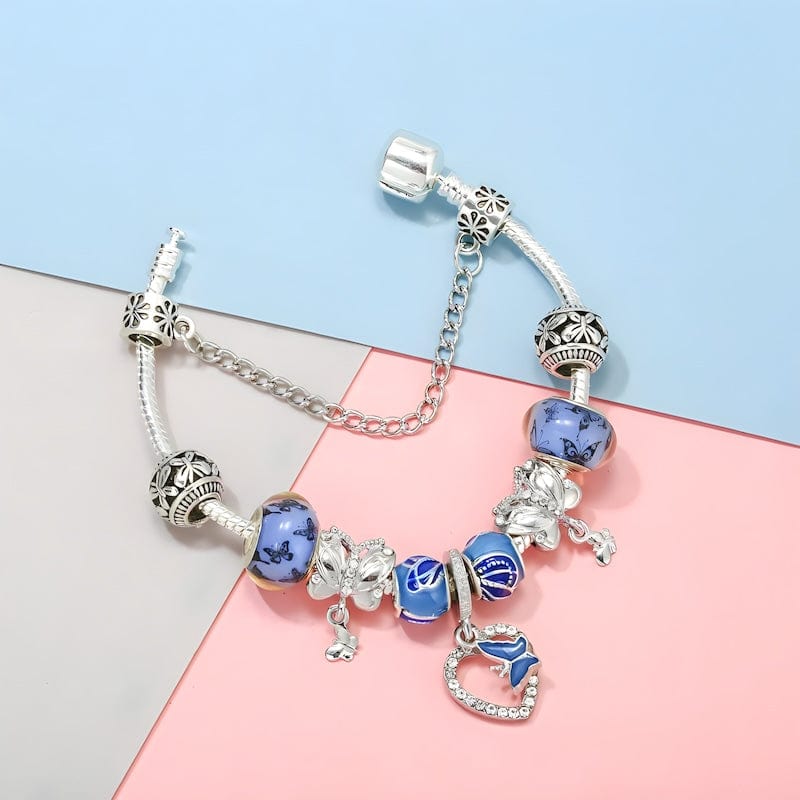 Charm Butterfly On Heart Blue Beads Charm Bracelet