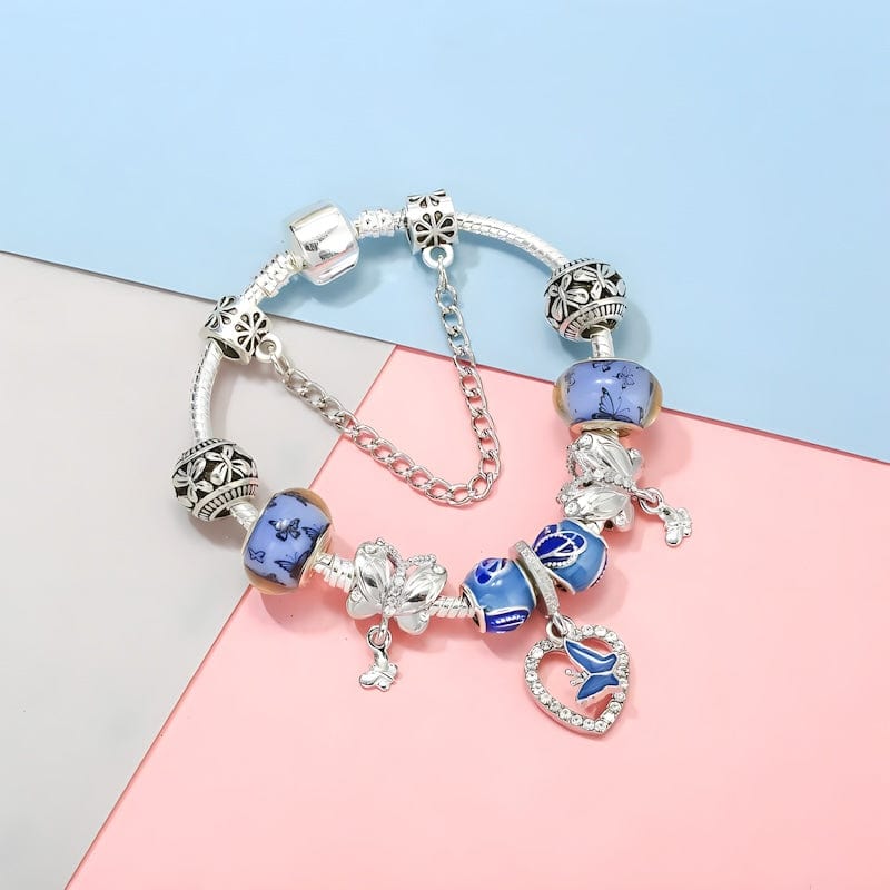 Charm Butterfly On Heart Blue Beads Charm Bracelet