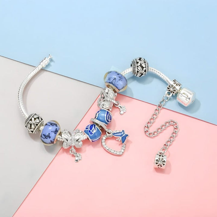 Charm Butterfly On Heart Blue Beads Charm Bracelet