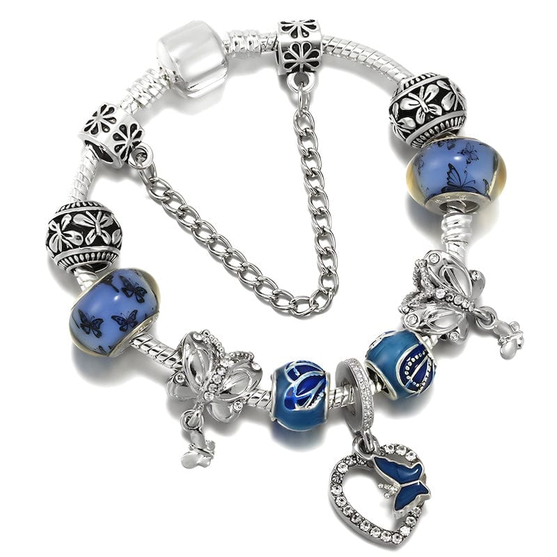 Charm Butterfly On Heart Blue Beads Charm Bracelet