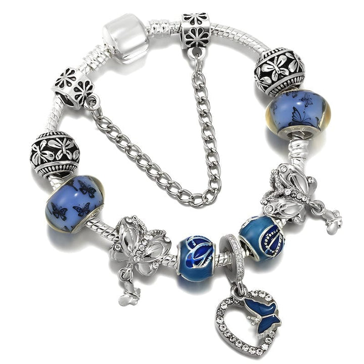 Charm Butterfly On Heart Blue Beads Charm Bracelet