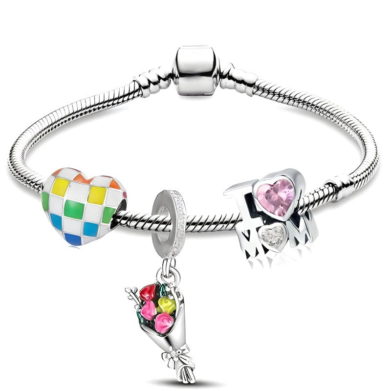 Charm Checkered Heart with Flowers & I Love Mom Charm Bracelet