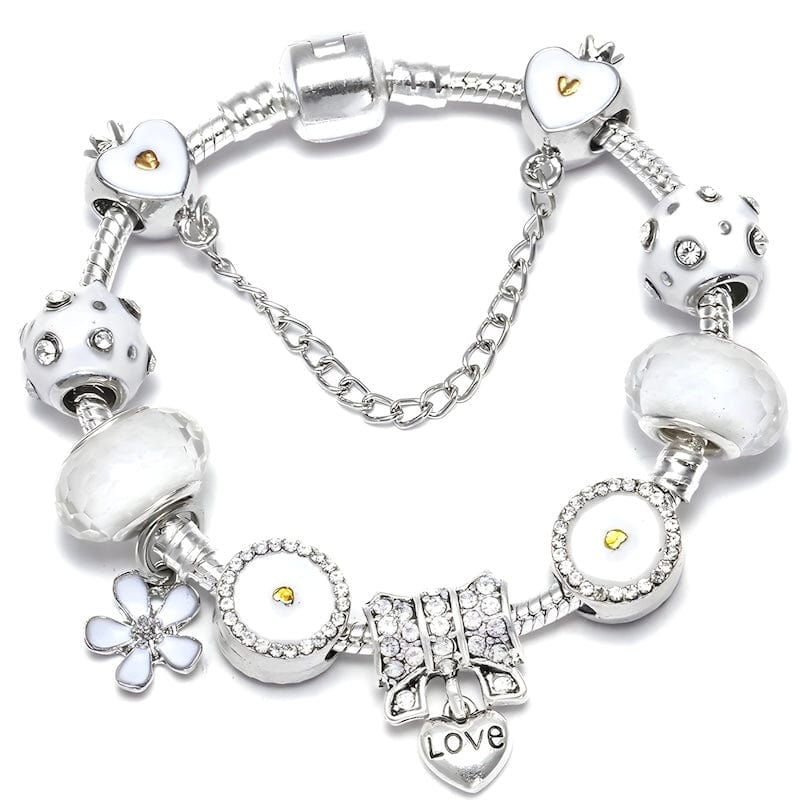 Love Heart White Flower Charm Bracelet Charm Unique Leather Bracelets 16cm Silver/White 