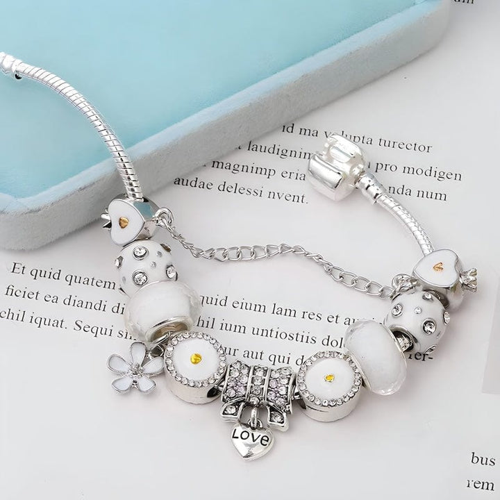 Love Heart White Flower Charm Bracelet bracelet by Unique Leather Bracelets
