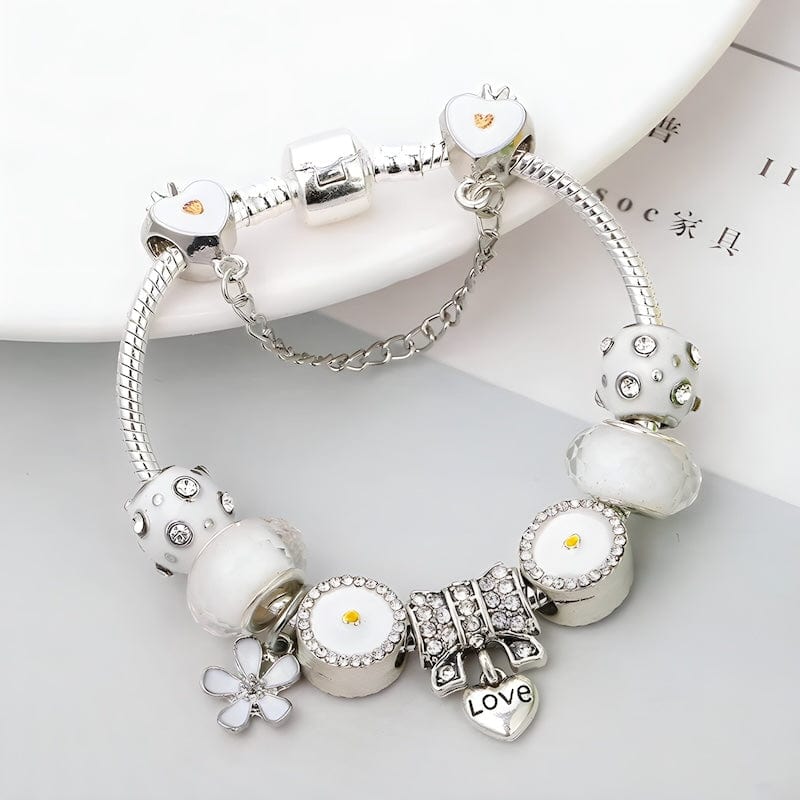 Charm Love Heart White Flower Charm Bracelet