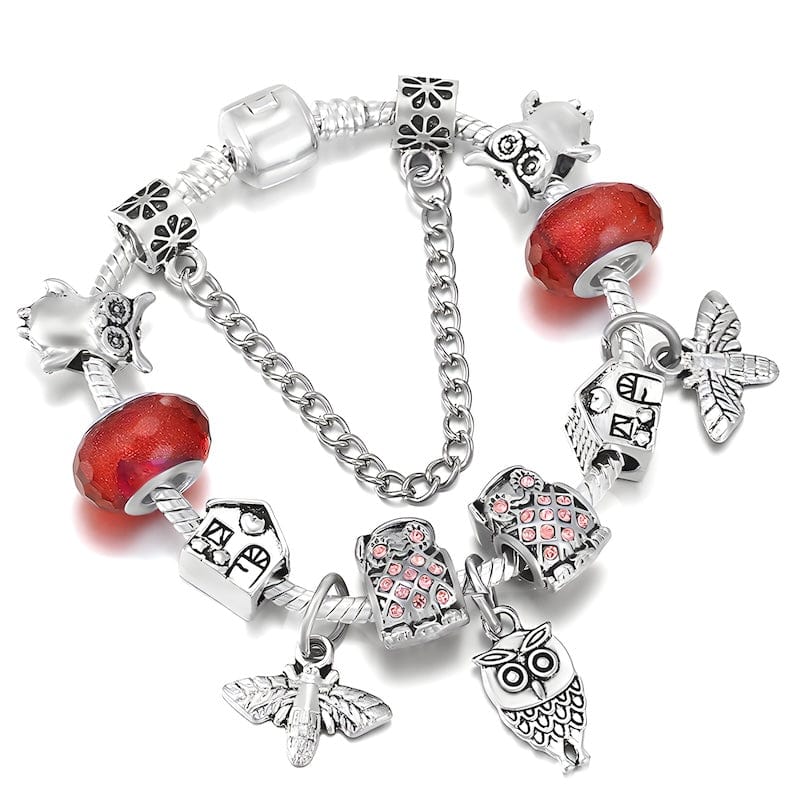 Lovely Owl Charm Red Beads Bracelet Charm Unique Leather Bracelets 16cm Silver/Red 