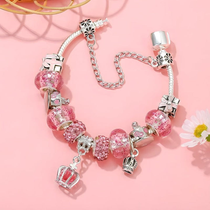 Pink Crown & Beads Charm Bracelet Charm Unique Leather Bracelets   
