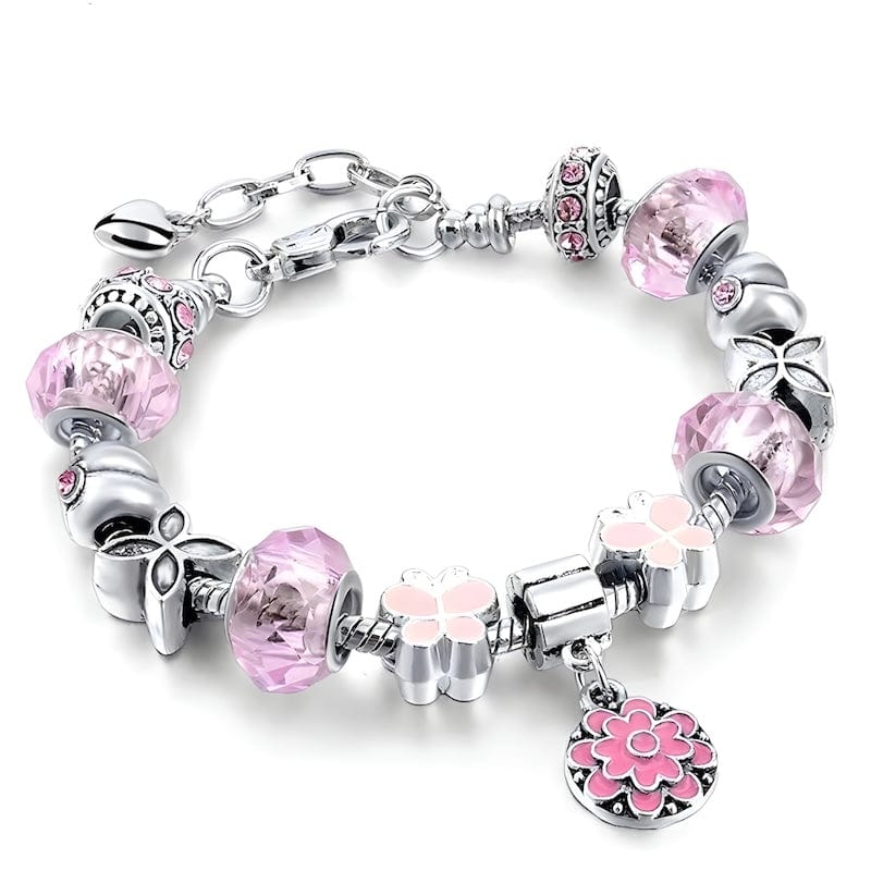 Pink Double Flower Charm Bracelet Charm Unique Leather Bracelets 16cm Silver/Pink 