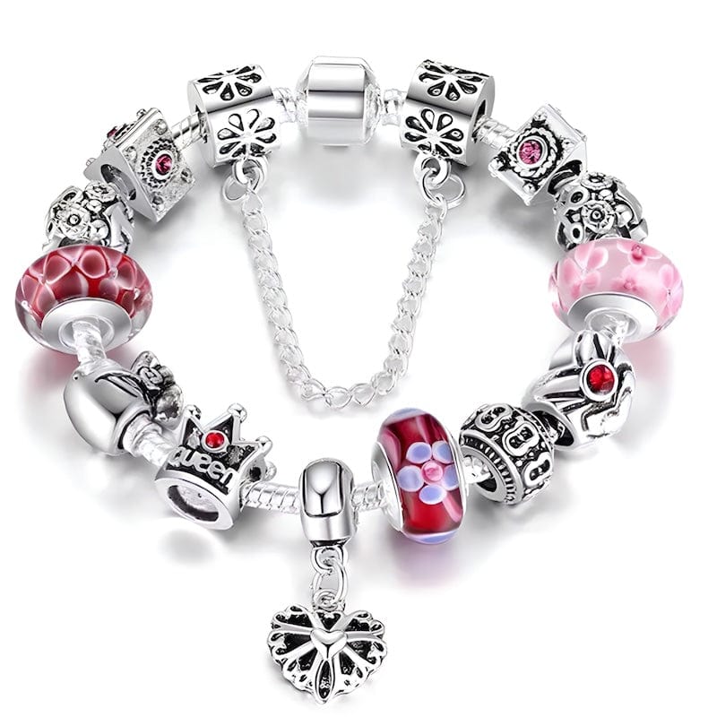 Charm Queen Heart Pink Flower Charm Bracelet