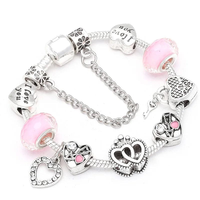 Charm Silver Charm Bracelet with Heart and Pink Beads