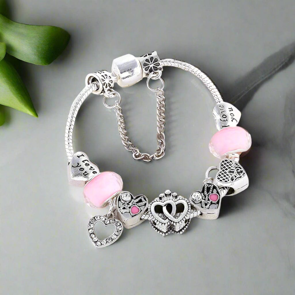Charm Silver Charm Bracelet with Heart and Pink Beads