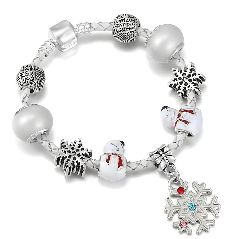 Snowman & Snowflake White Beads Charm Bracelet Charm Unique Leather Bracelets 16cm Silver/White 