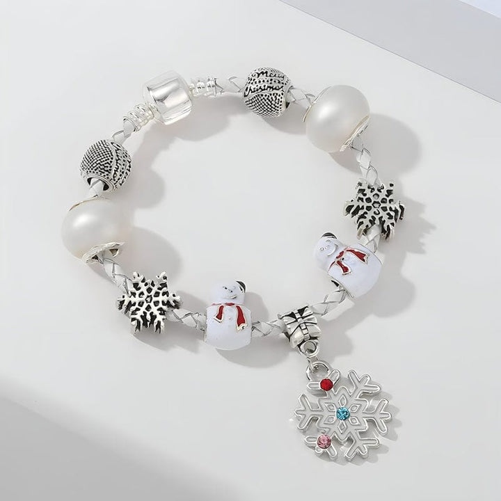 Snowman & Snowflake White Beads Charm Bracelet Charm Unique Leather Bracelets   
