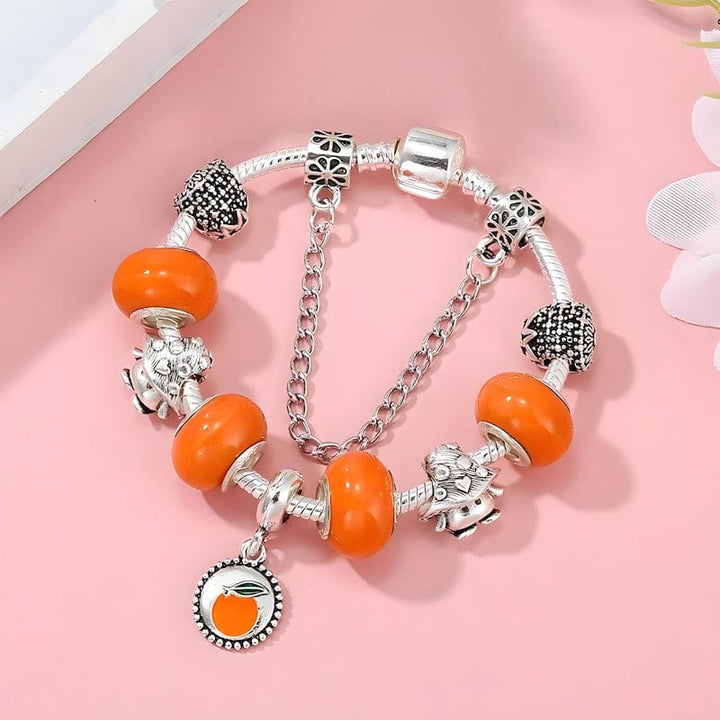 Tangerine Pendant Charm Bracelet With Orange Glass Beads Charm Unique Leather Bracelets   