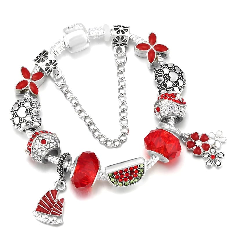 Charm Watermelon & Flowers Red Beads Charm Bracelet