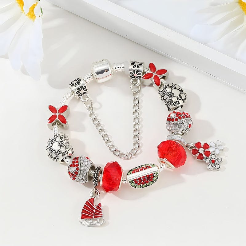 Charm Watermelon & Flowers Red Beads Charm Bracelet