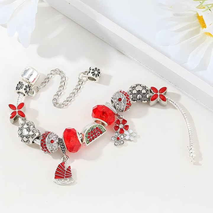 Watermelon & Flowers Red Beads Charm Bracelet Charm Unique Leather Bracelets   