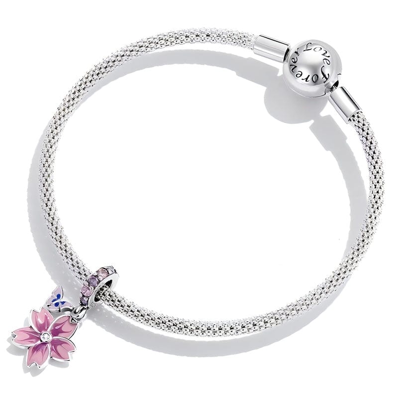 Flower Charm Sterling Silver Pink Zircons Charms Unique Leather Bracelets   