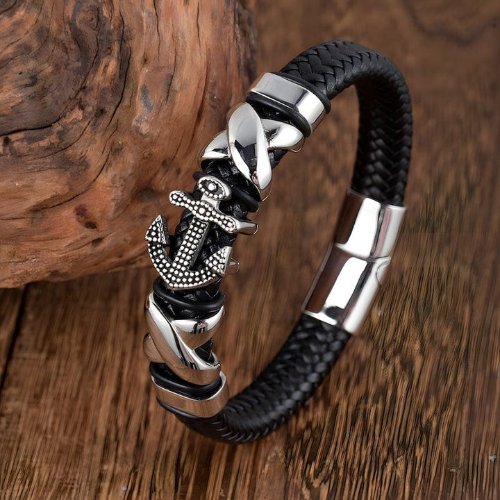 Leather Anchor Braided Black Leather Bracelet