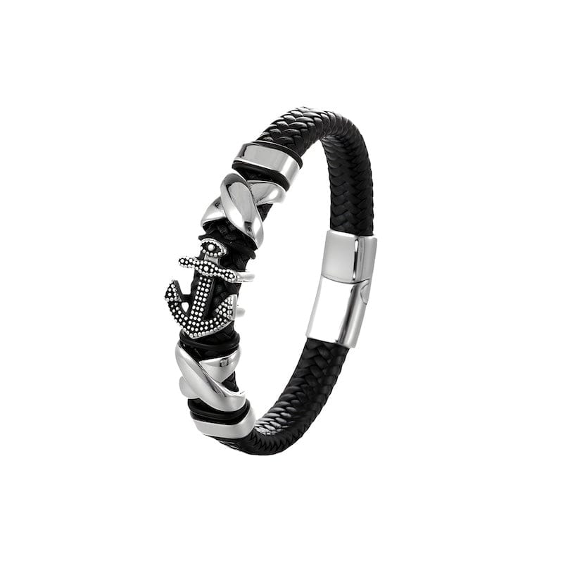 Leather Anchor Braided Black Leather Bracelet