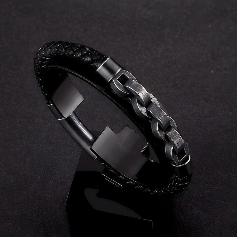 Leather Braided Black Leather Bicycle Chain Bracelet