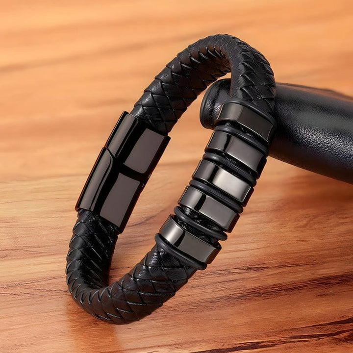 Leather Braided Black Leather Bracelet with Stainless Steel Clasp
