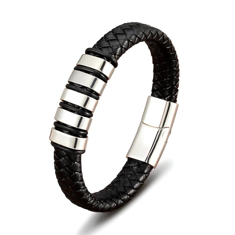 Leather Braided Black Leather Bracelet with Stainless Steel Clasp