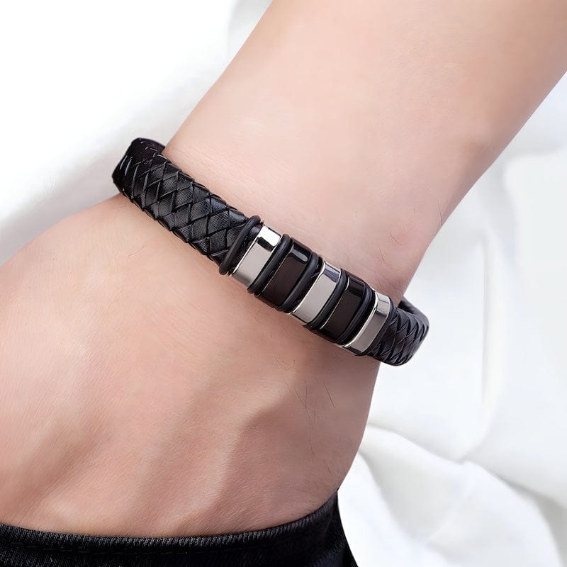 Leather Braided Black Leather Bracelet with Stainless Steel Clasp
