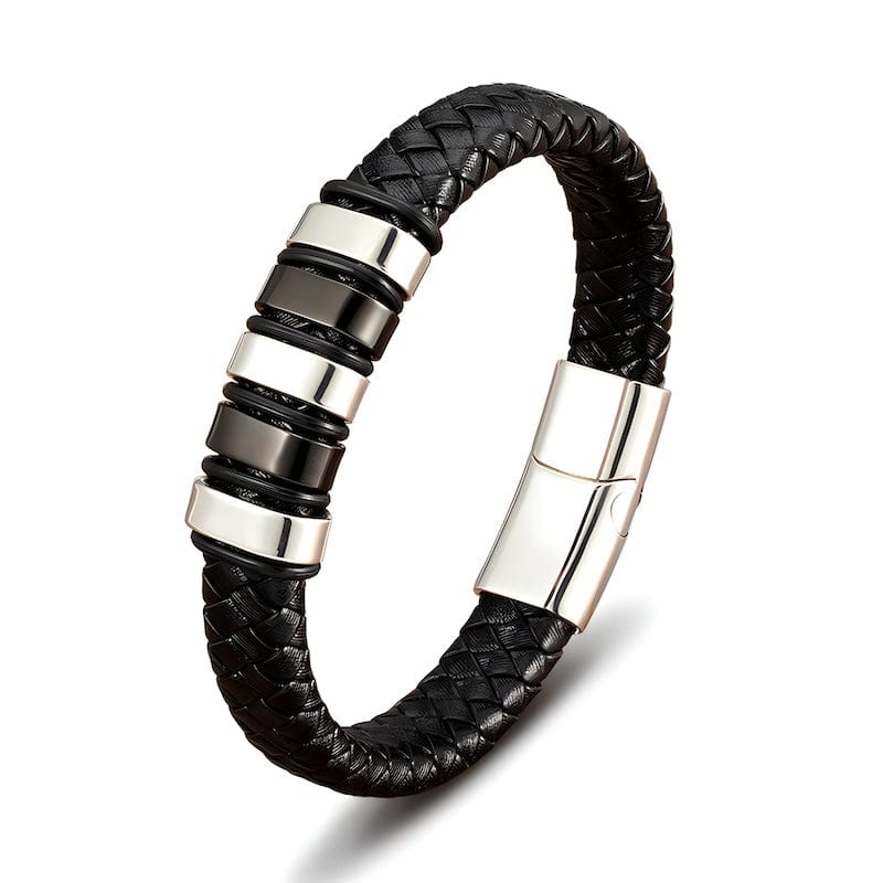 Leather Braided Black Leather Bracelet with Stainless Steel Clasp