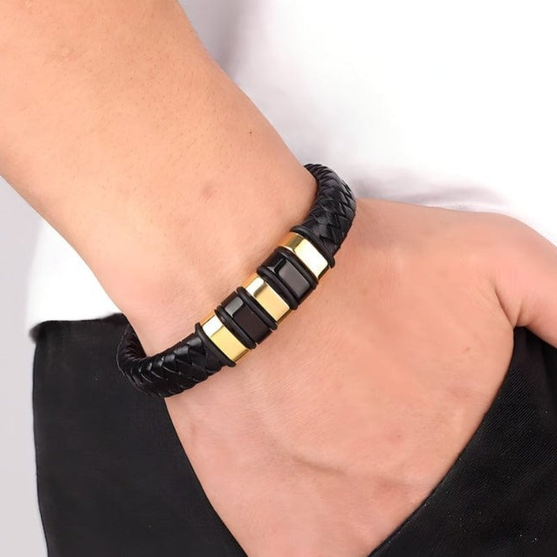 Leather Braided Black Leather Bracelet with Stainless Steel Clasp