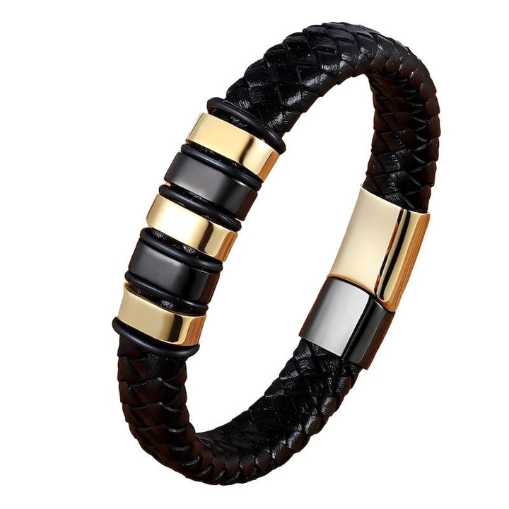 Classic Stainless Steel Braided Black Leather Mens Bracelet Leather Unique Leather Bracelets 19cm Black/Gold 