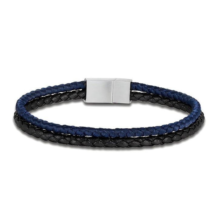 Double Color Strand Rope & Leather Bracelet Leather Unique Leather Bracelets 19cm Silver/Blue 