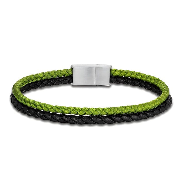 Double Color Strand Rope & Leather Bracelet Leather Unique Leather Bracelets 19cm Silver/Green 