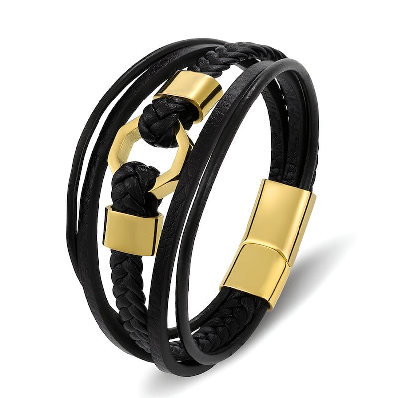 Geometric Shape Octagon Wrap Leather Bracelet Wrap Unique Leather Bracelets 21.5cm Black\Gold 