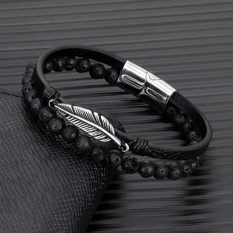 Leather Stone Beaded Multilayer Leather Feather Bracelet