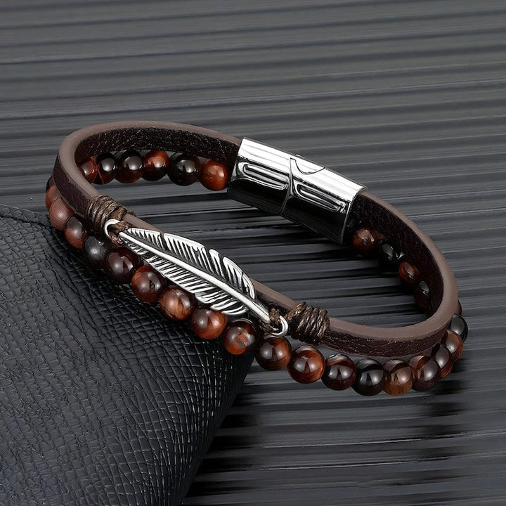 Leather Stone Beaded Multilayer Leather Feather Bracelet