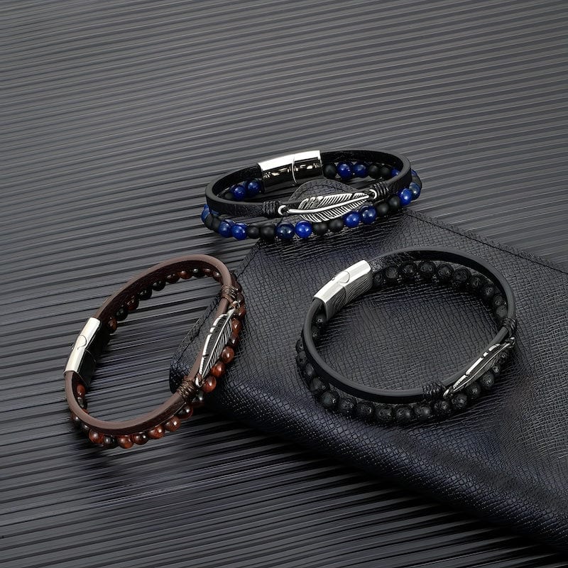 Leather Stone Beaded Multilayer Leather Feather Bracelet