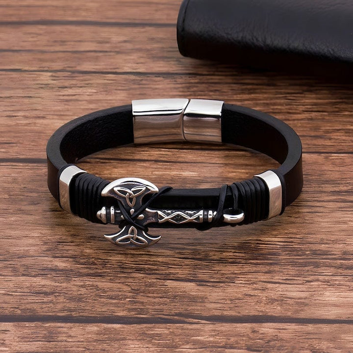 Leather Viking Axe Black Leather Mens Bracelet