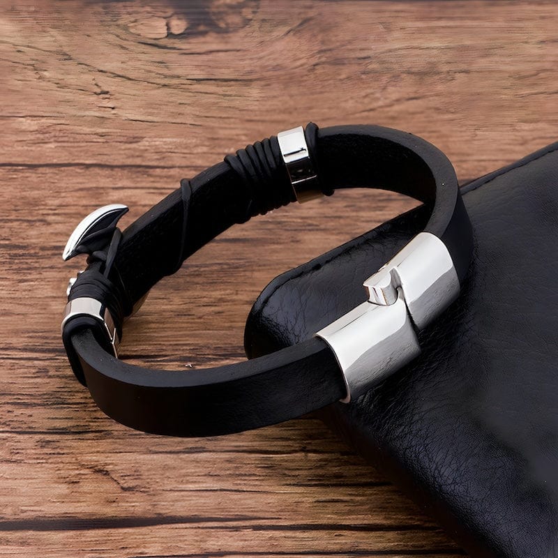 Leather Viking Axe Black Leather Mens Bracelet