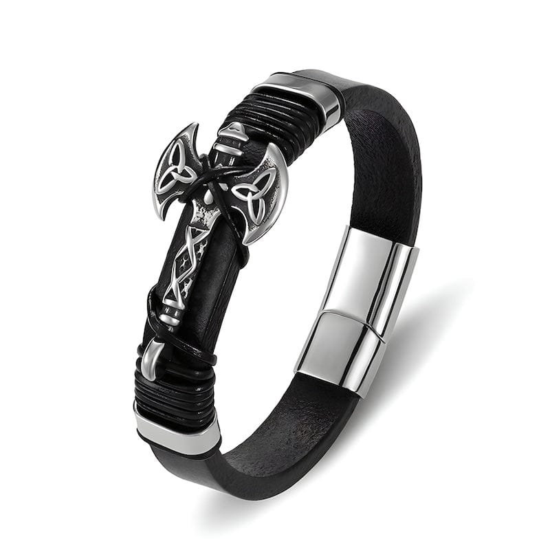 Leather Viking Axe Black Leather Mens Bracelet