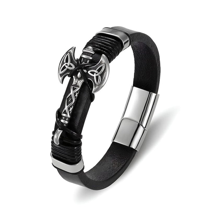 Leather Viking Axe Black Leather Mens Bracelet