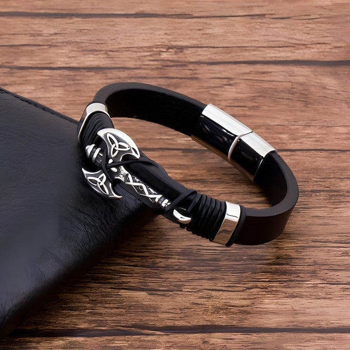 Leather Viking Axe Black Leather Mens Bracelet