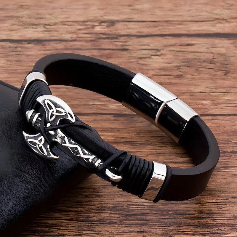 Leather Viking Axe Black Leather Mens Bracelet