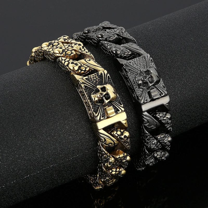 Link Chain Gothic Men's Skull Bracelet - Stainless Steel Franco Curb Chain Skeleton