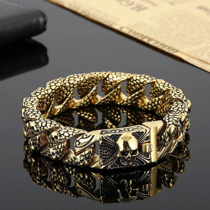 Link Chain Gothic Men's Skull Bracelet - Stainless Steel Franco Curb Chain Skeleton